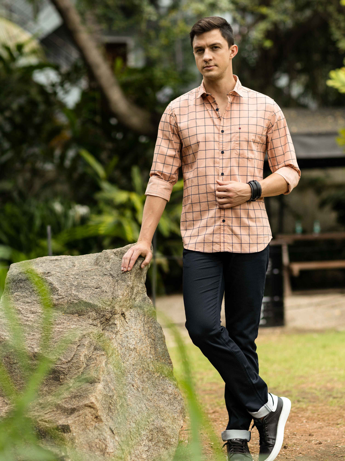 Men's Orange Slim Fit Checks Full Sleeves Casual Shirts