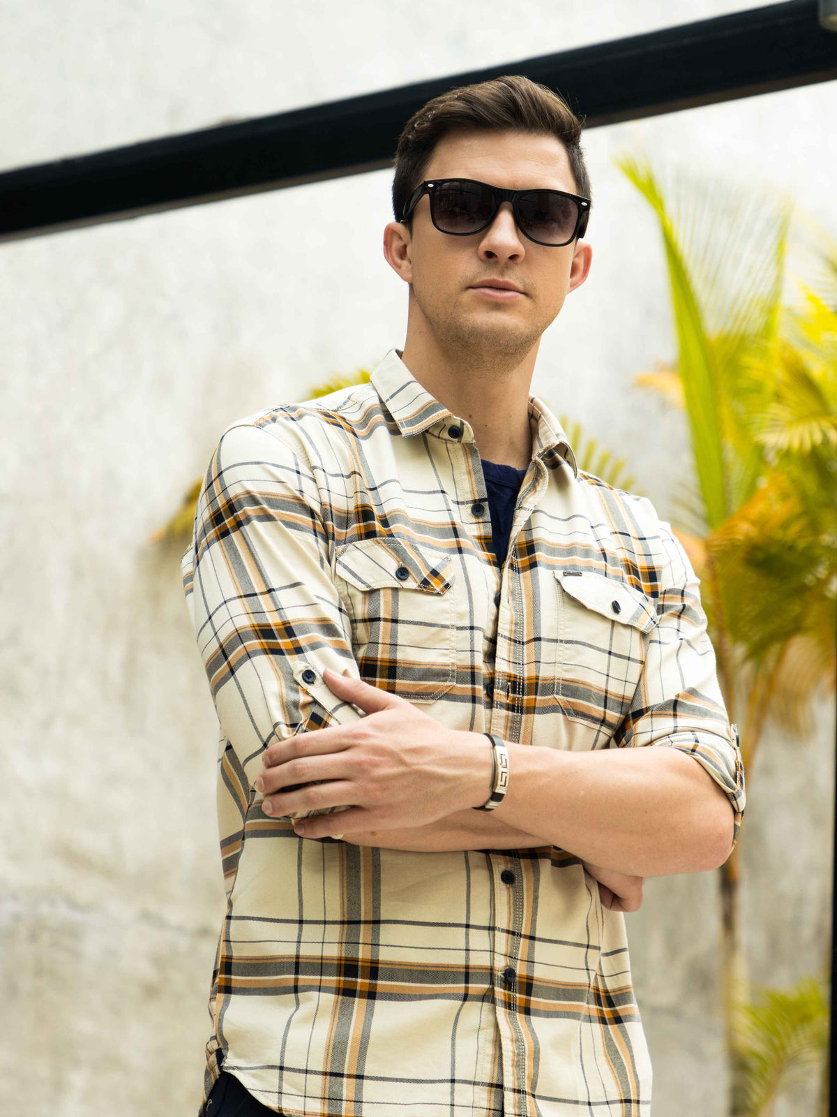 Men's Beige Slim Fit Checks Full Sleeves Casual Shirts With Inside Attached T-shirt