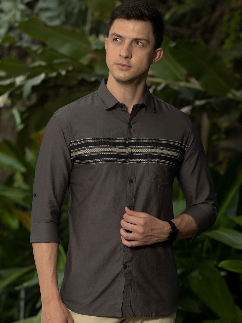 Men's Dark Grey Slim Fit Stripes Full Sleeves Casual Shirts