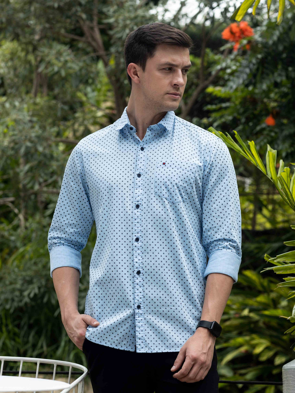 Men's Sky Blue Slim Fit Printed Full Sleeves Casual Shirts