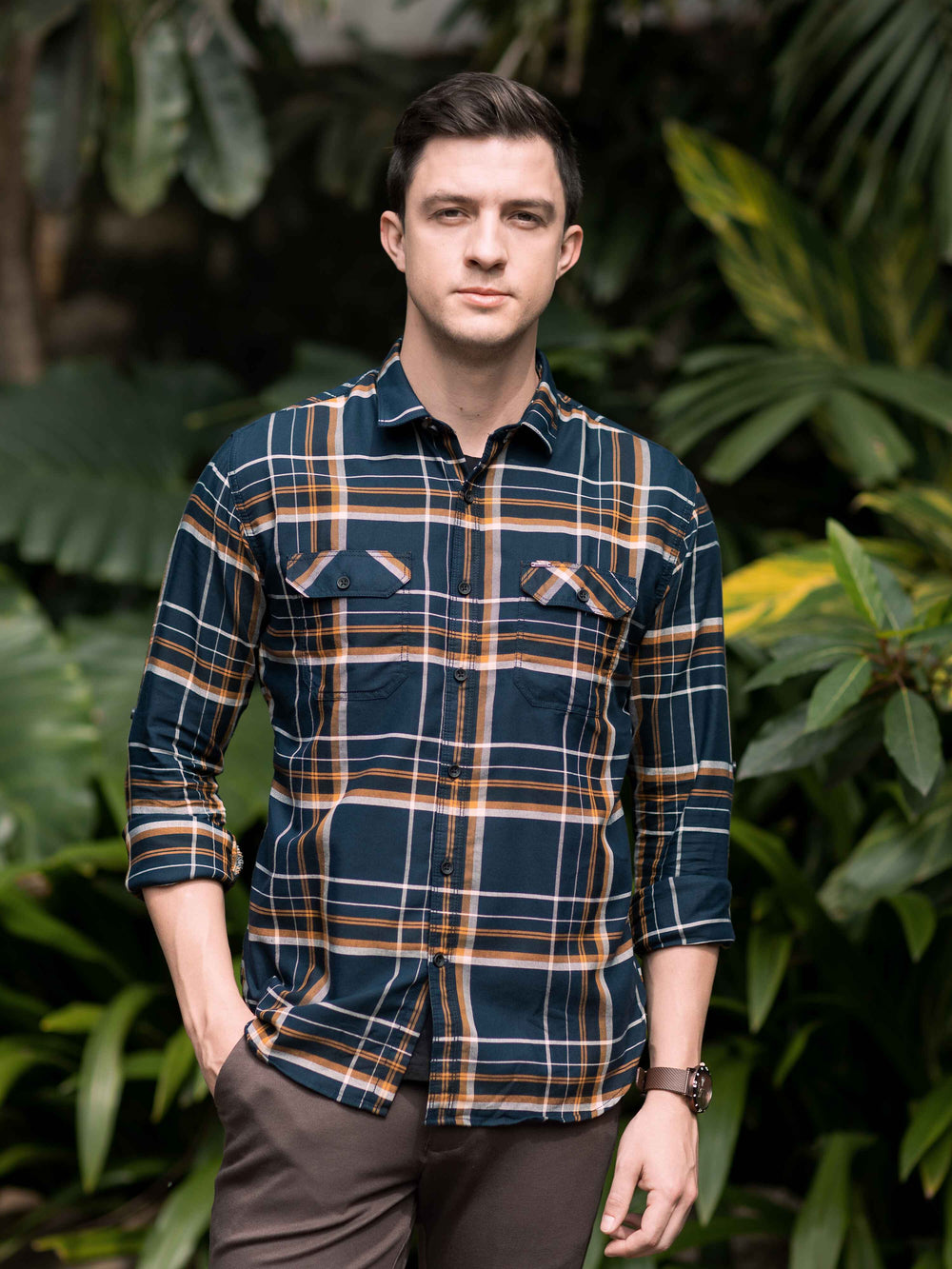 Men's Navy Slim Fit Checks Full Sleeves Casual Shirts With Inside Attached T-shirt