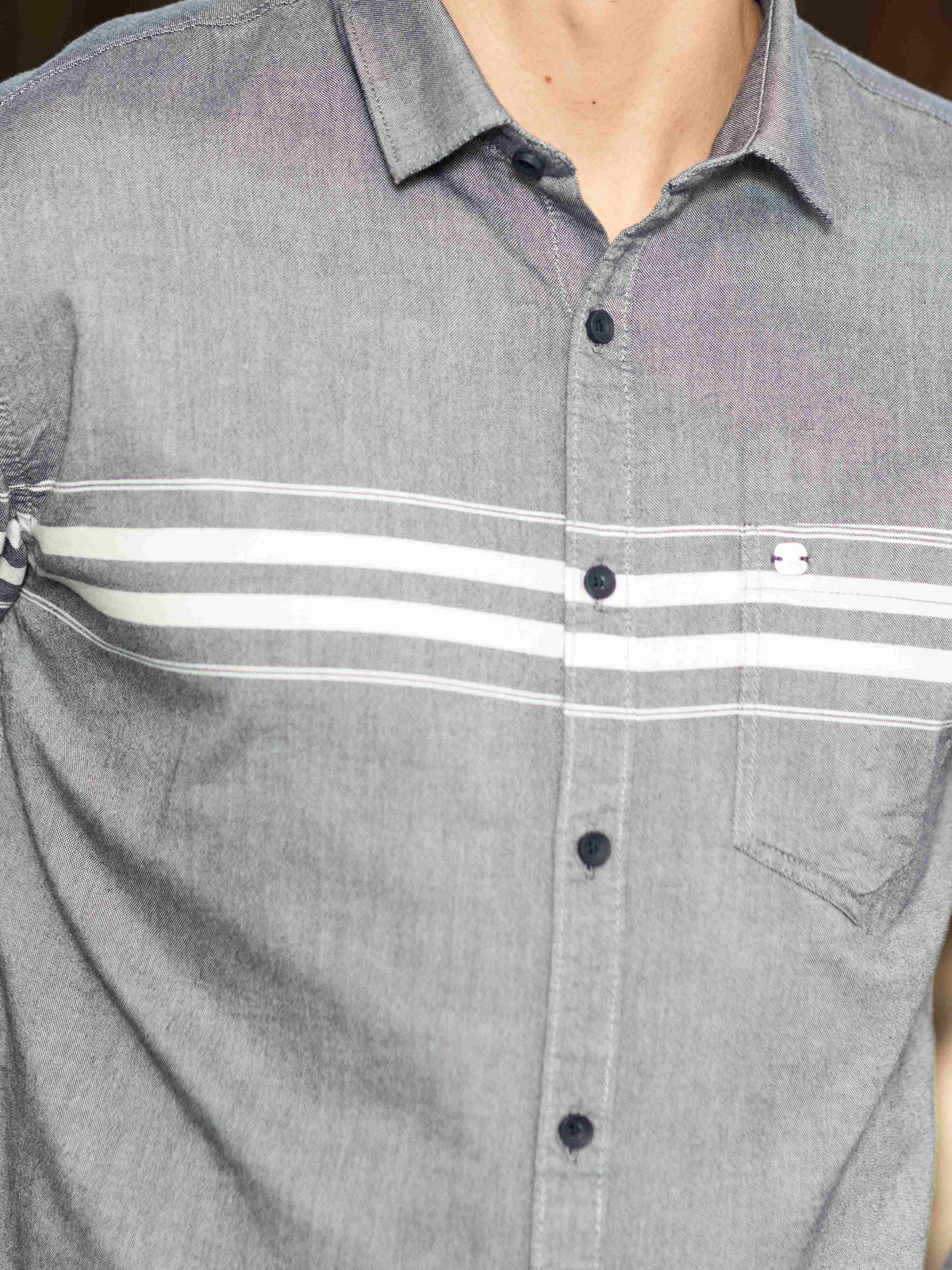 Men's Grey Slim Fit Stripes Full Sleeves Casual Shirts