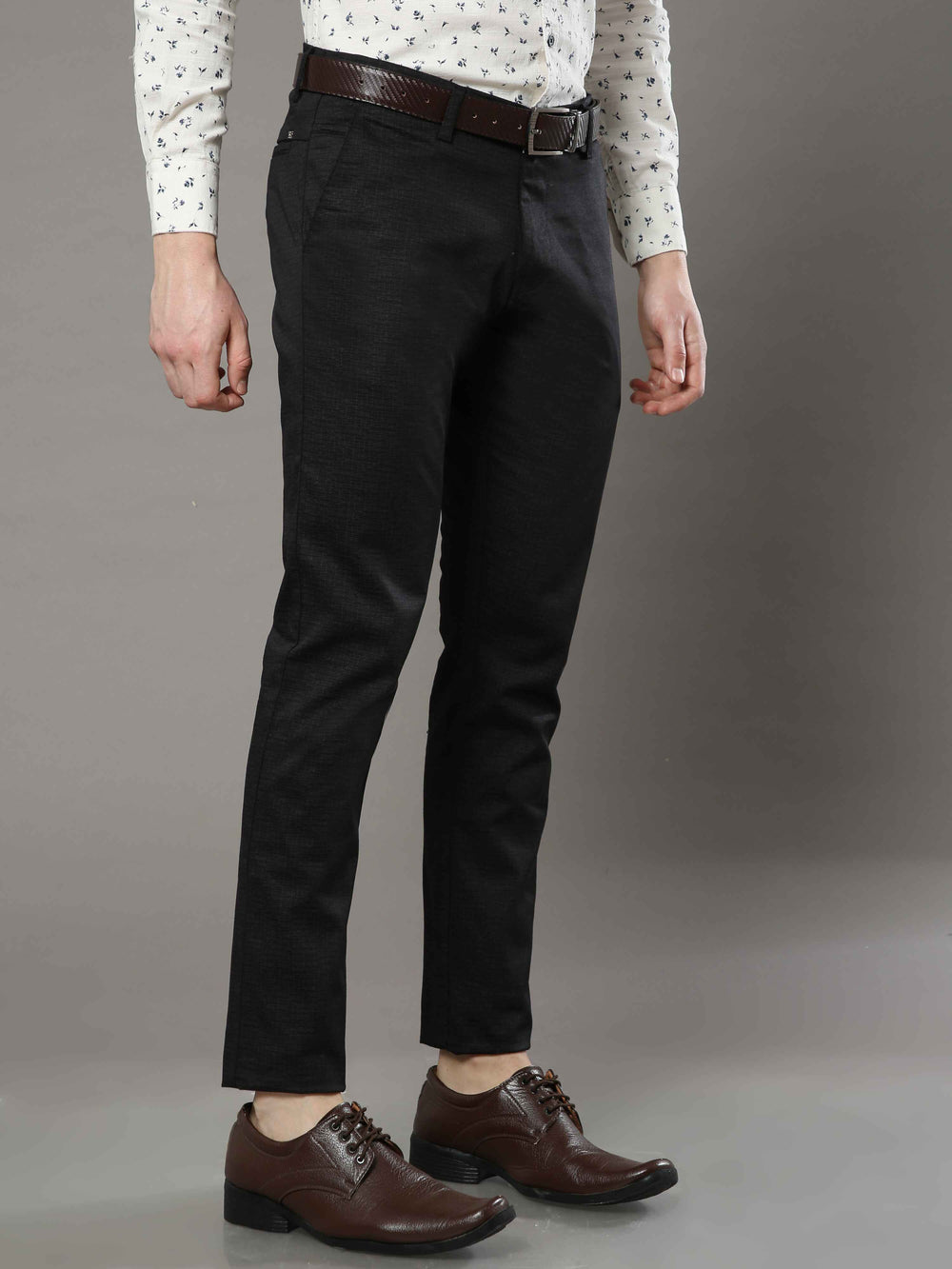 Men's Black Narrow Fit Printed Lycra Casual Trouser