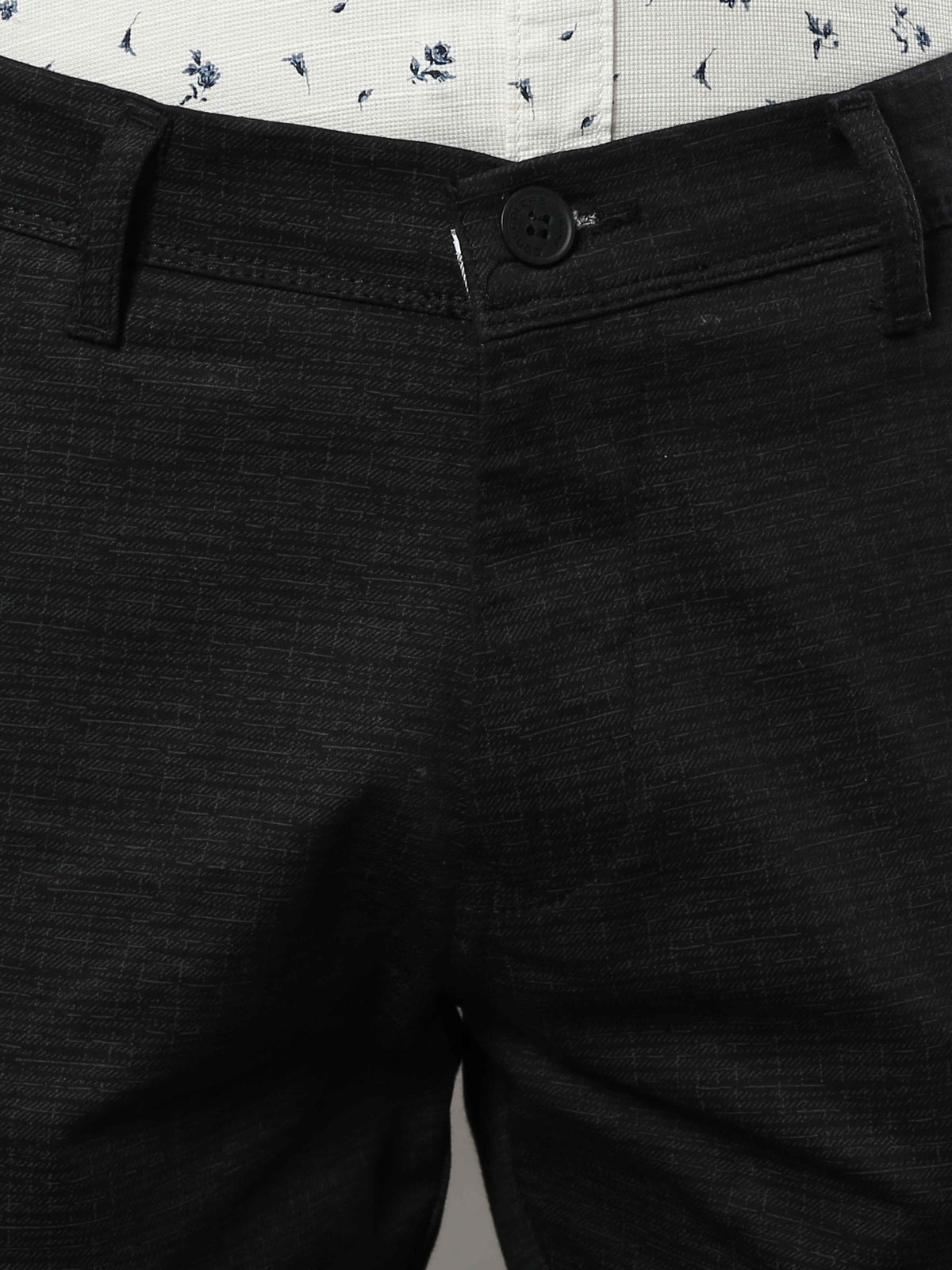 Men's Black Narrow Fit Printed Lycra Casual Trouser