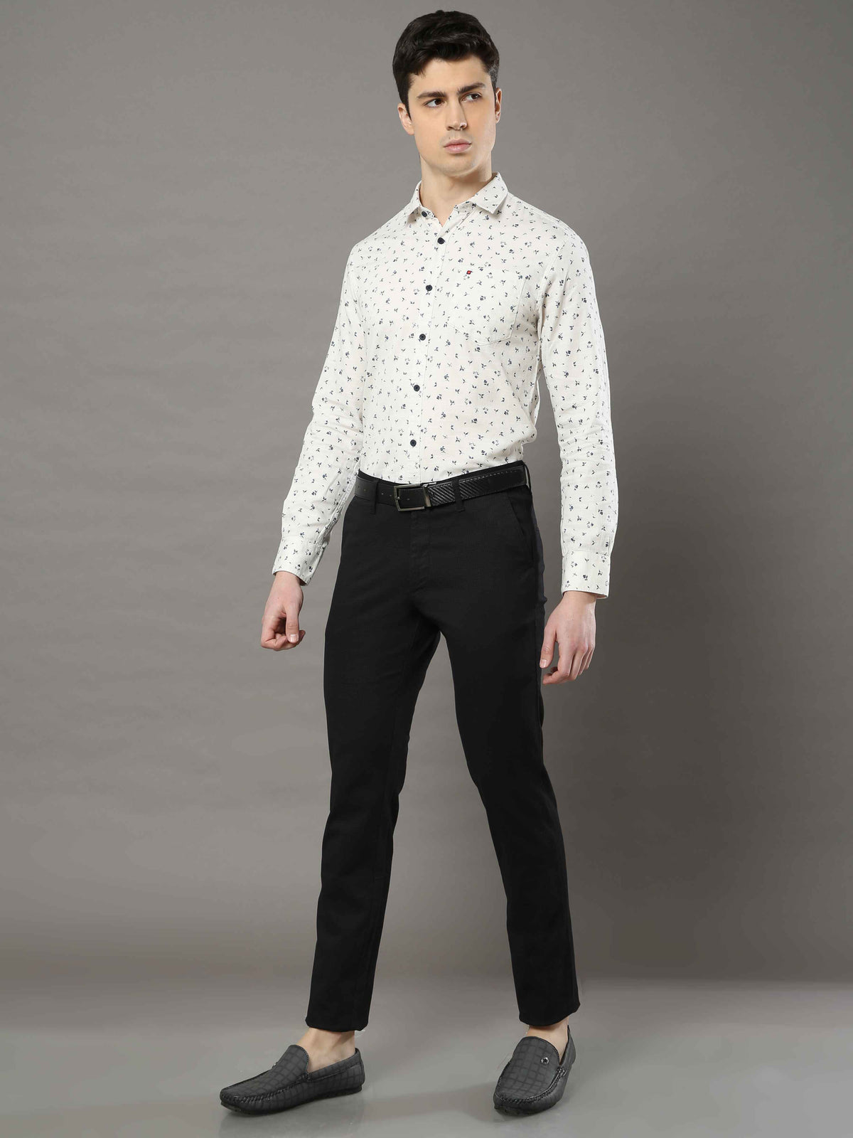 Men's Black Narrow Fit Printed Lycra Casual Trouser