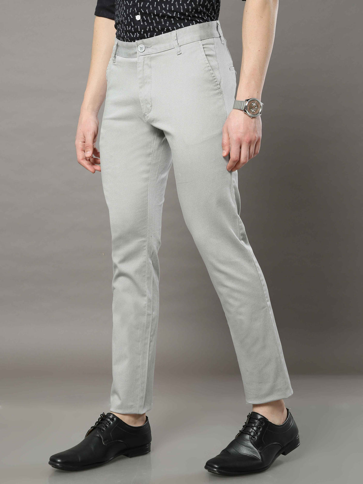 Men's Light Grey Narrow Fit Printed Casual Trouser
