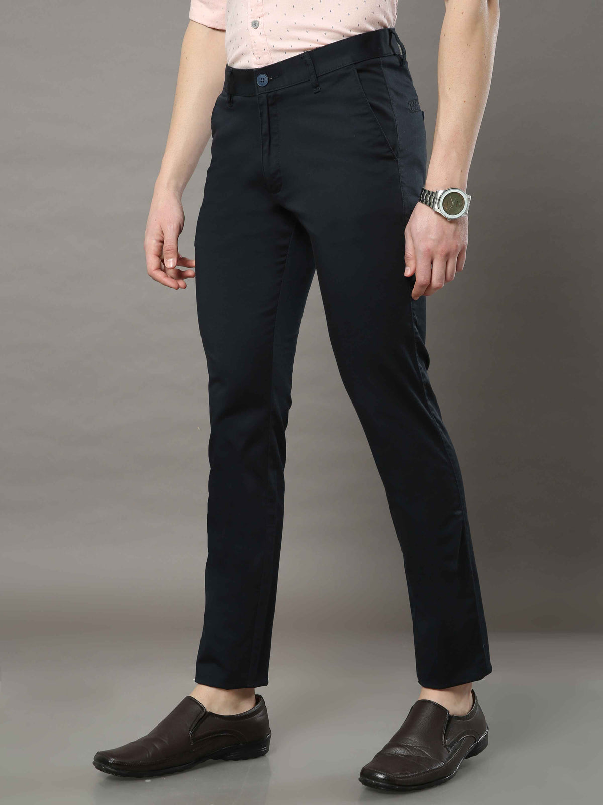 Men's Navy Narrow Fit Solid Casual Trouser