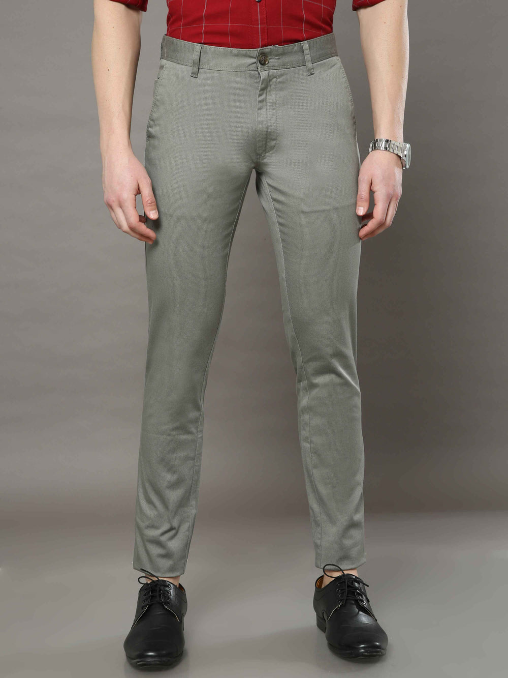 Men's Light Olive Narrow Fit Printed Casual Trousers