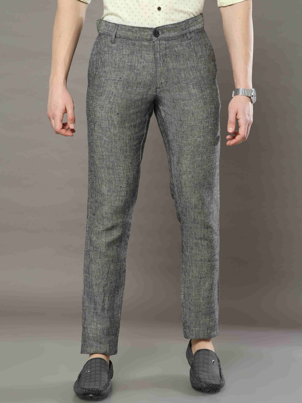 Men's Grey Narrow Fit Linen Casual Trousers