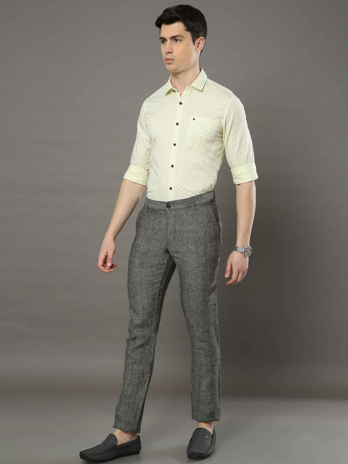 Men's Grey Narrow Fit Linen Casual Trousers