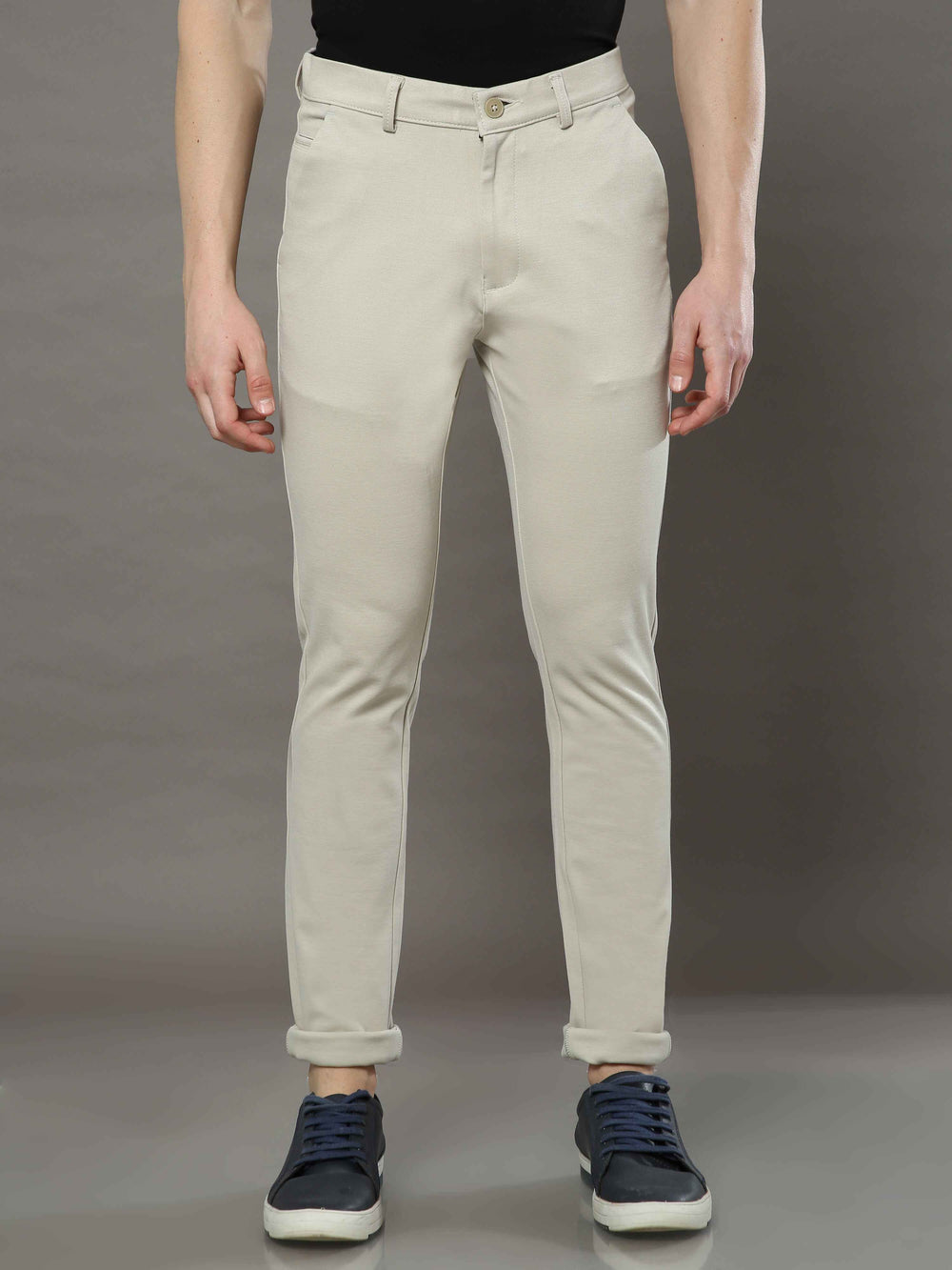 Men's Cream 4-Way Lycra Solid Casual Trousers