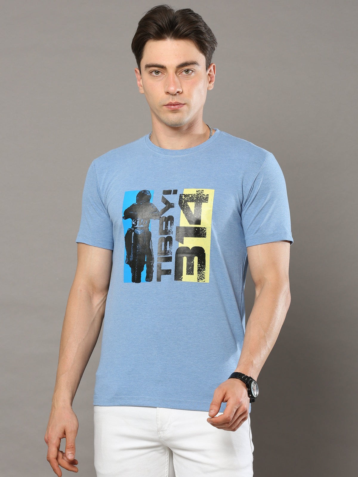 Men's Sky Blue Regular Fit Printed Half Sleeves Crew Neck T-Shirt