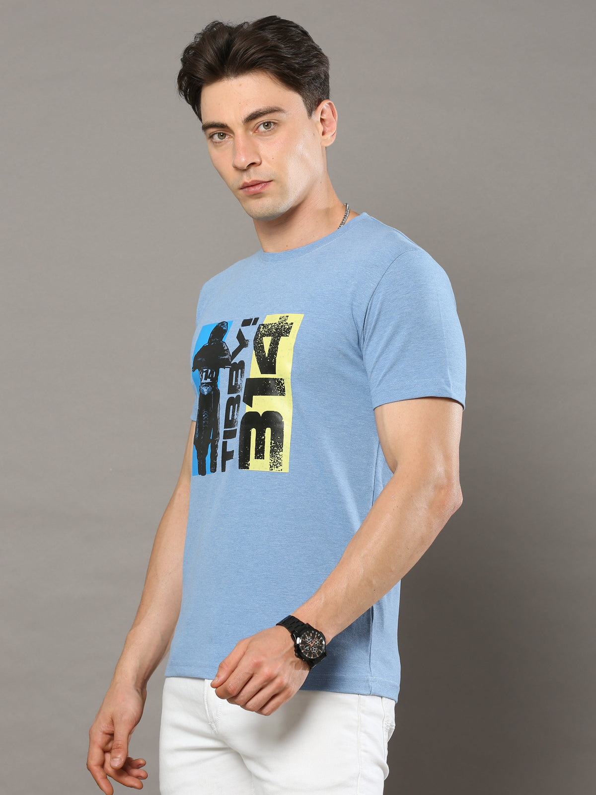 Men's Sky Blue Regular Fit Printed Half Sleeves Crew Neck T-Shirt
