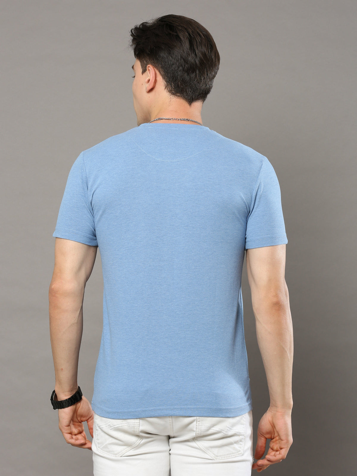 Men's Sky Blue Regular Fit Printed Half Sleeves Crew Neck T-Shirt