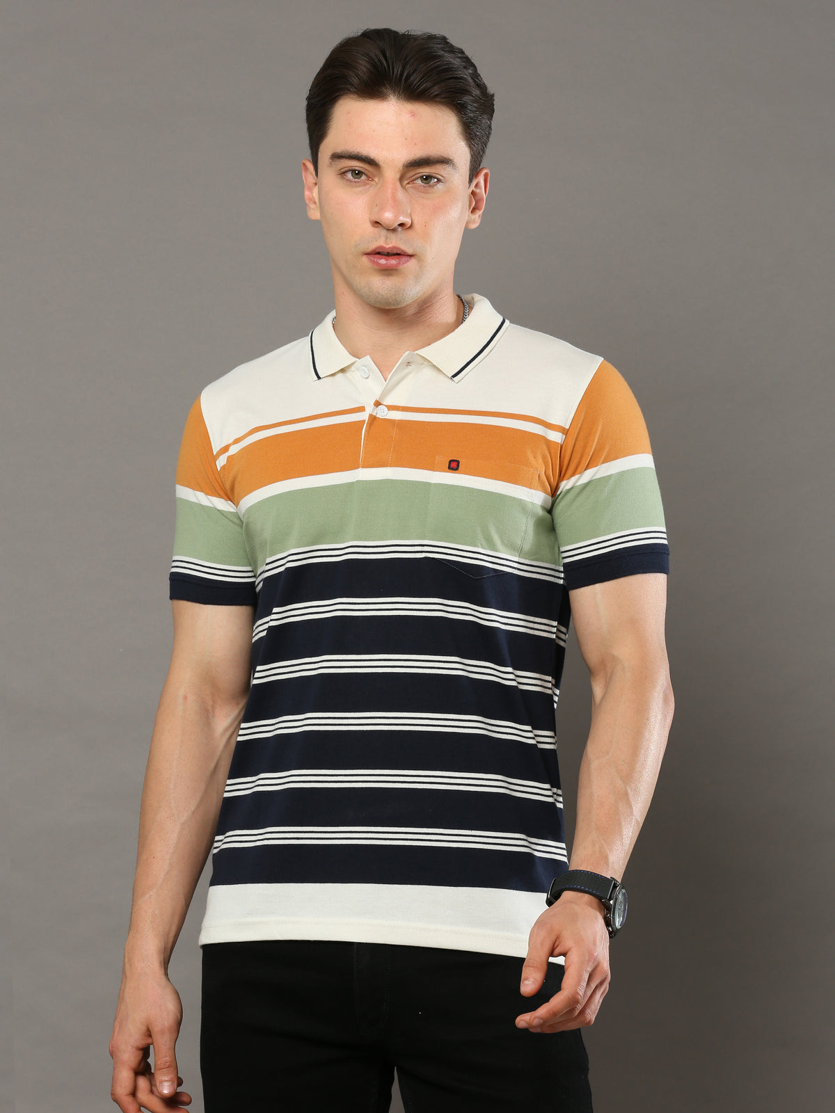 Men's Multicolors Regular Fit Stripes Polo Neck Half Sleeves T-Shirt