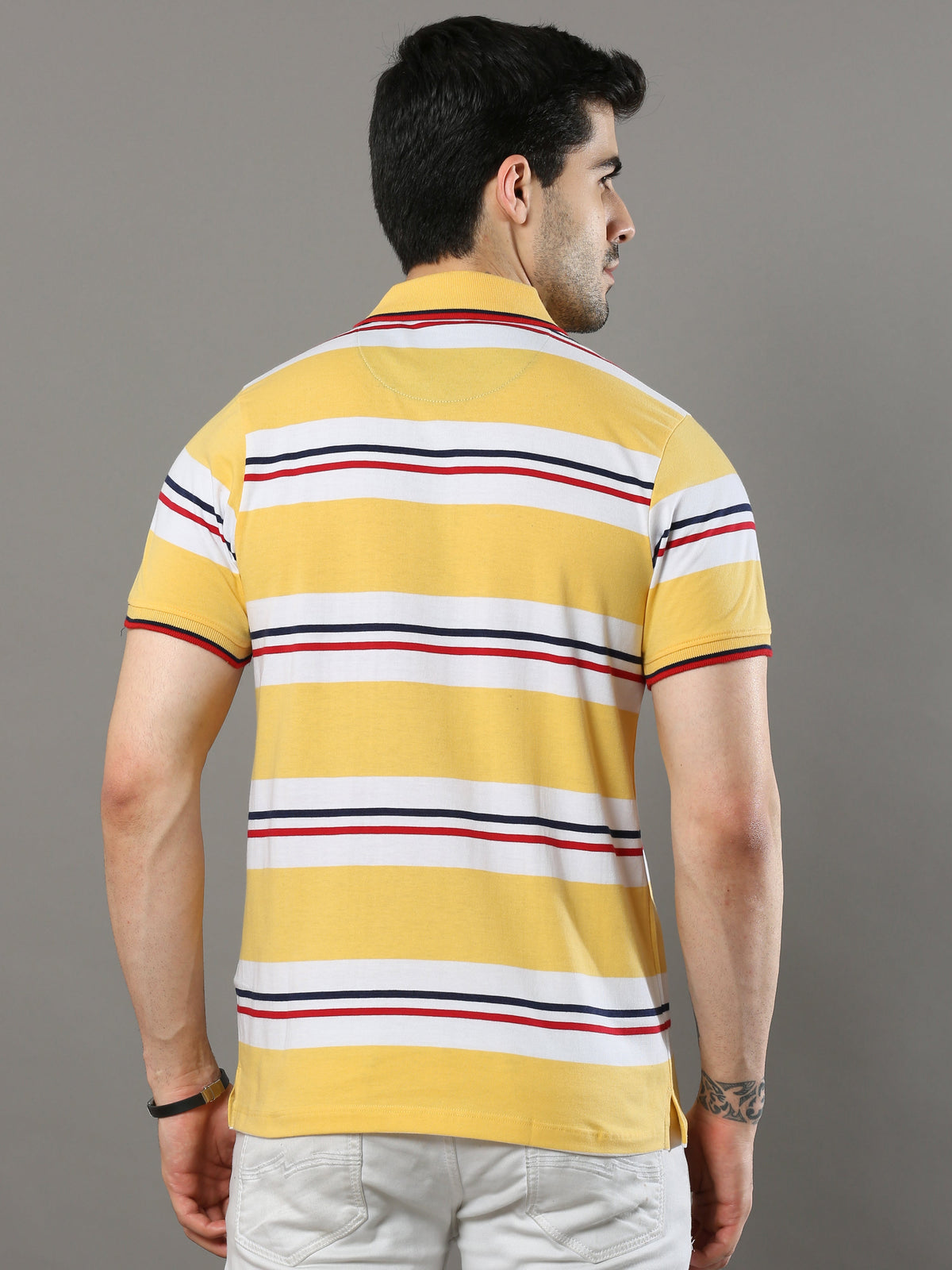 Men's Yellow Regular Fit StripesHalf Sleeves Polo Neck T-Shirt