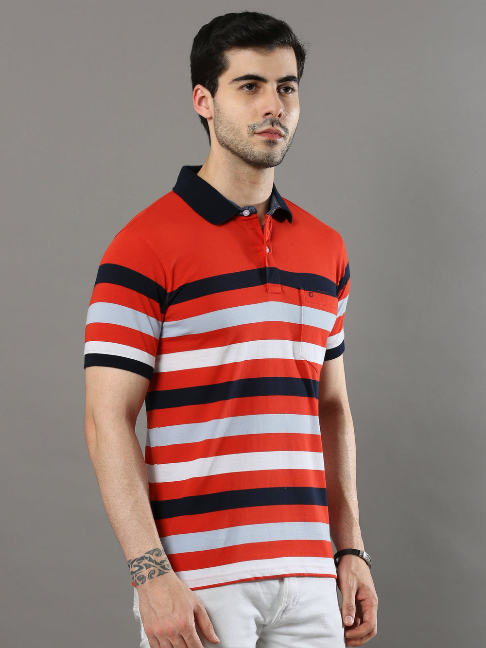 Men's Red White Regular Fit Stripes Half Sleeves Polo Neck T-Shirt