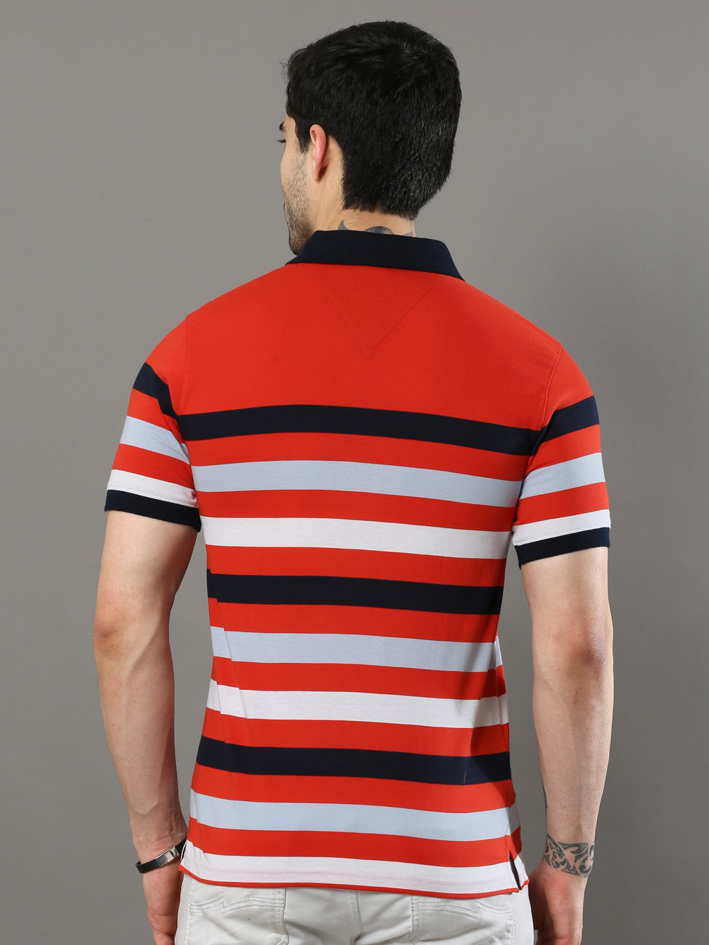 Men's Red White Regular Fit Stripes Half Sleeves Polo Neck T-Shirt