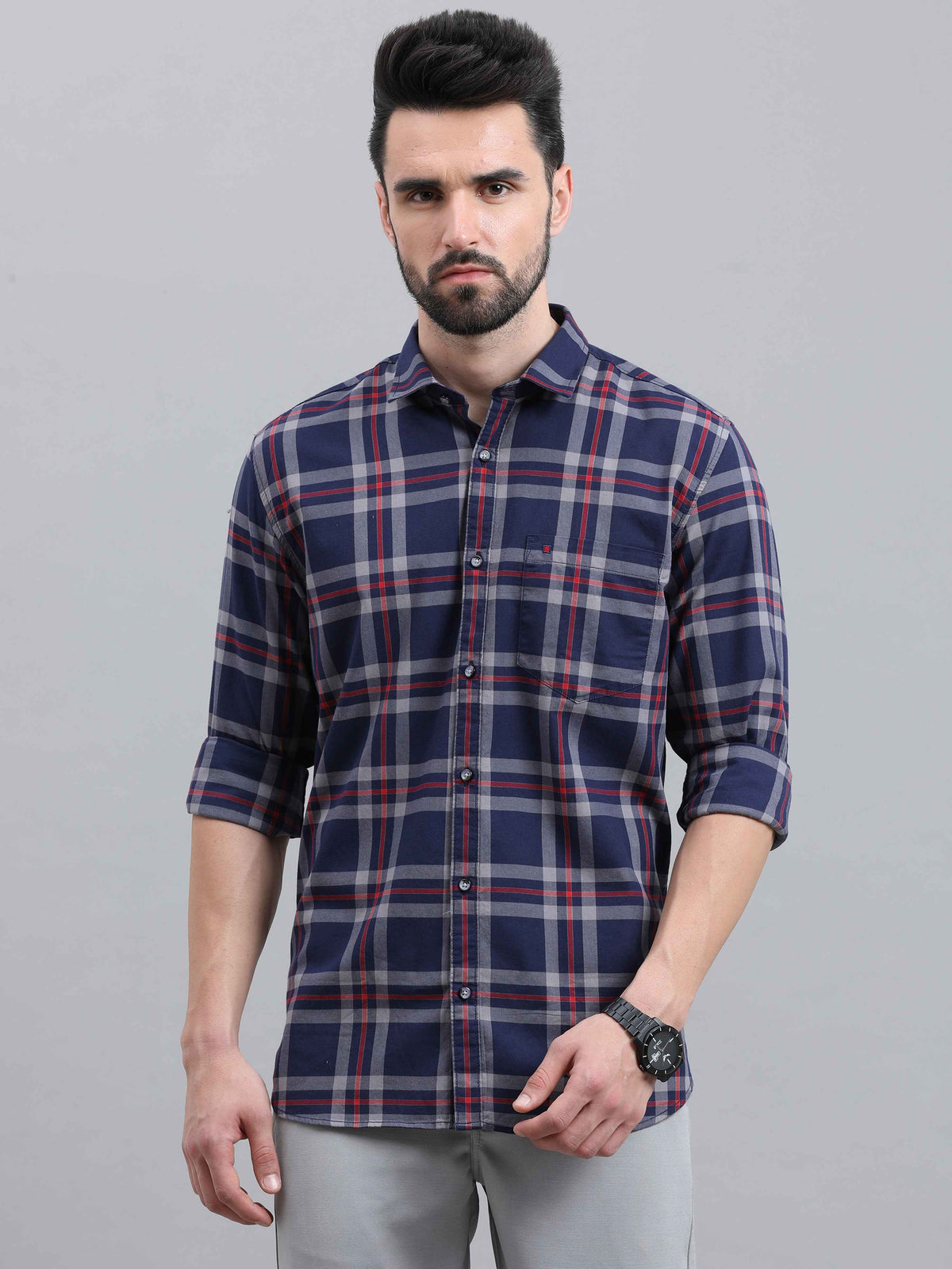 Men's Navy Slim Fit Checks Full Sleeves Casual Shirts