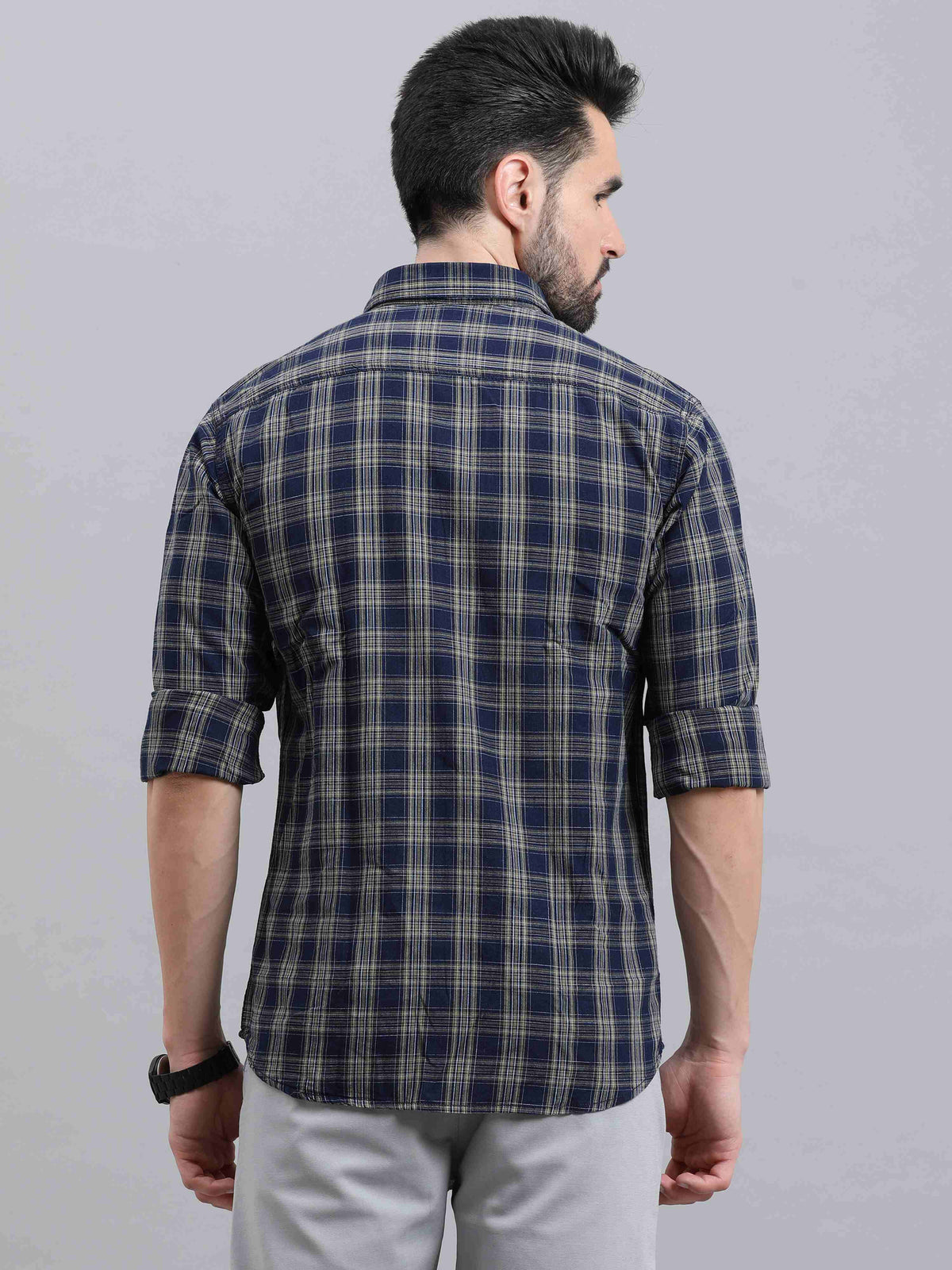 Men's Navy Slim Fit Checks Full Sleeves Casual Shirts