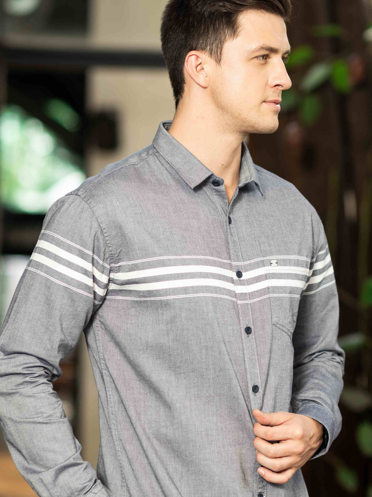 Men's Grey Slim Fit Stripes Full Sleeves Casual Shirts