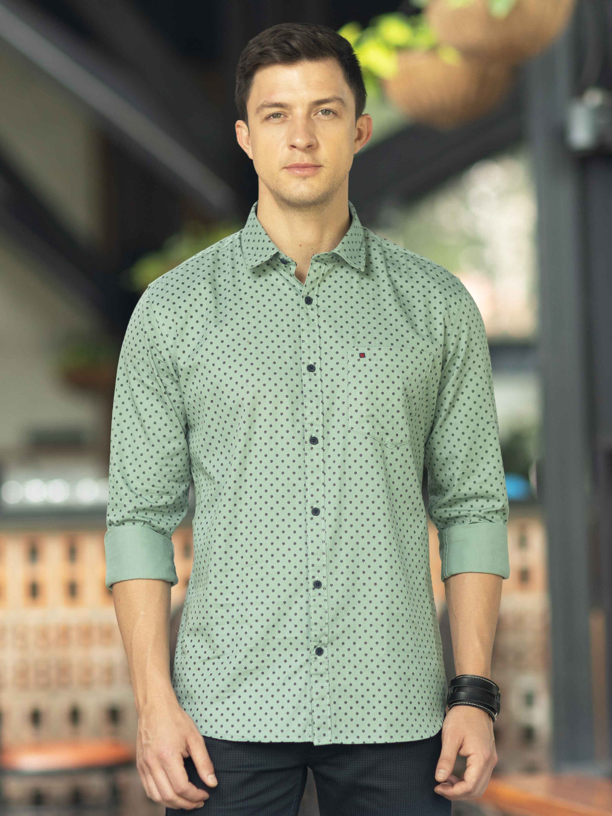 Men's Light Green Slim Fit Printed Full Sleeves Casual Shirts