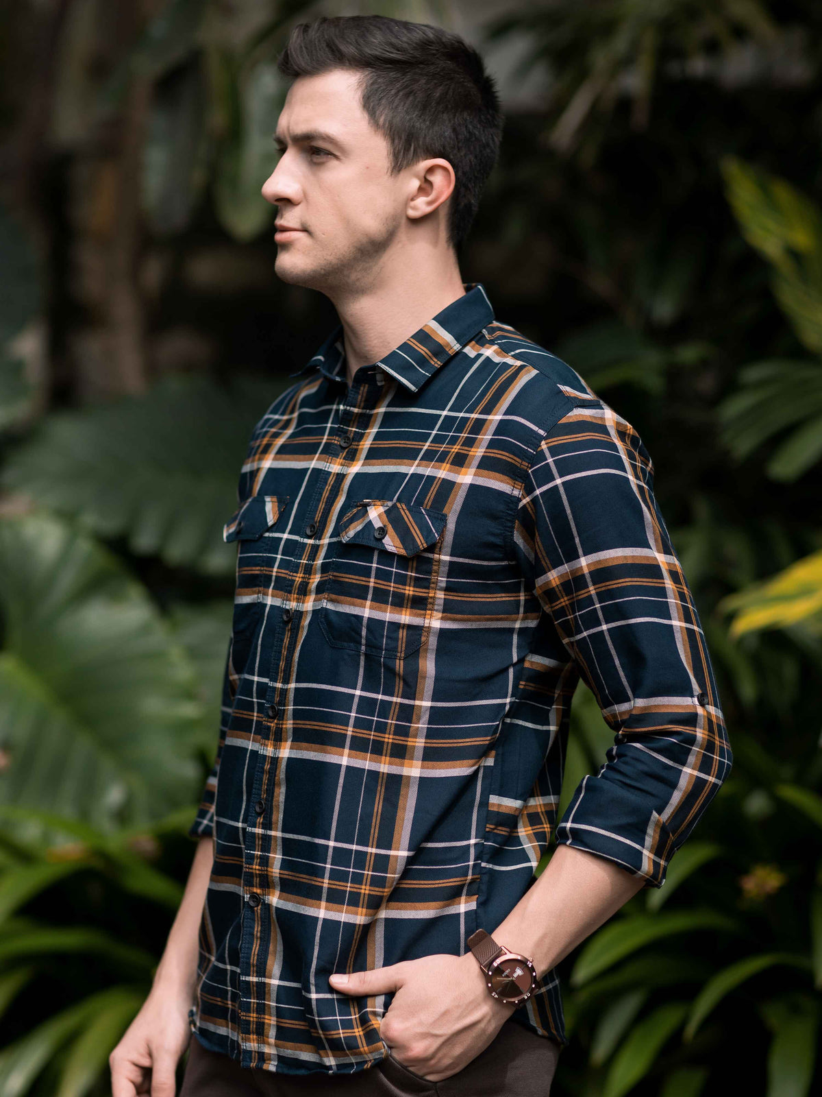 Men's Navy Slim Fit Checks Full Sleeves Casual Shirts With Inside Attached T-shirt