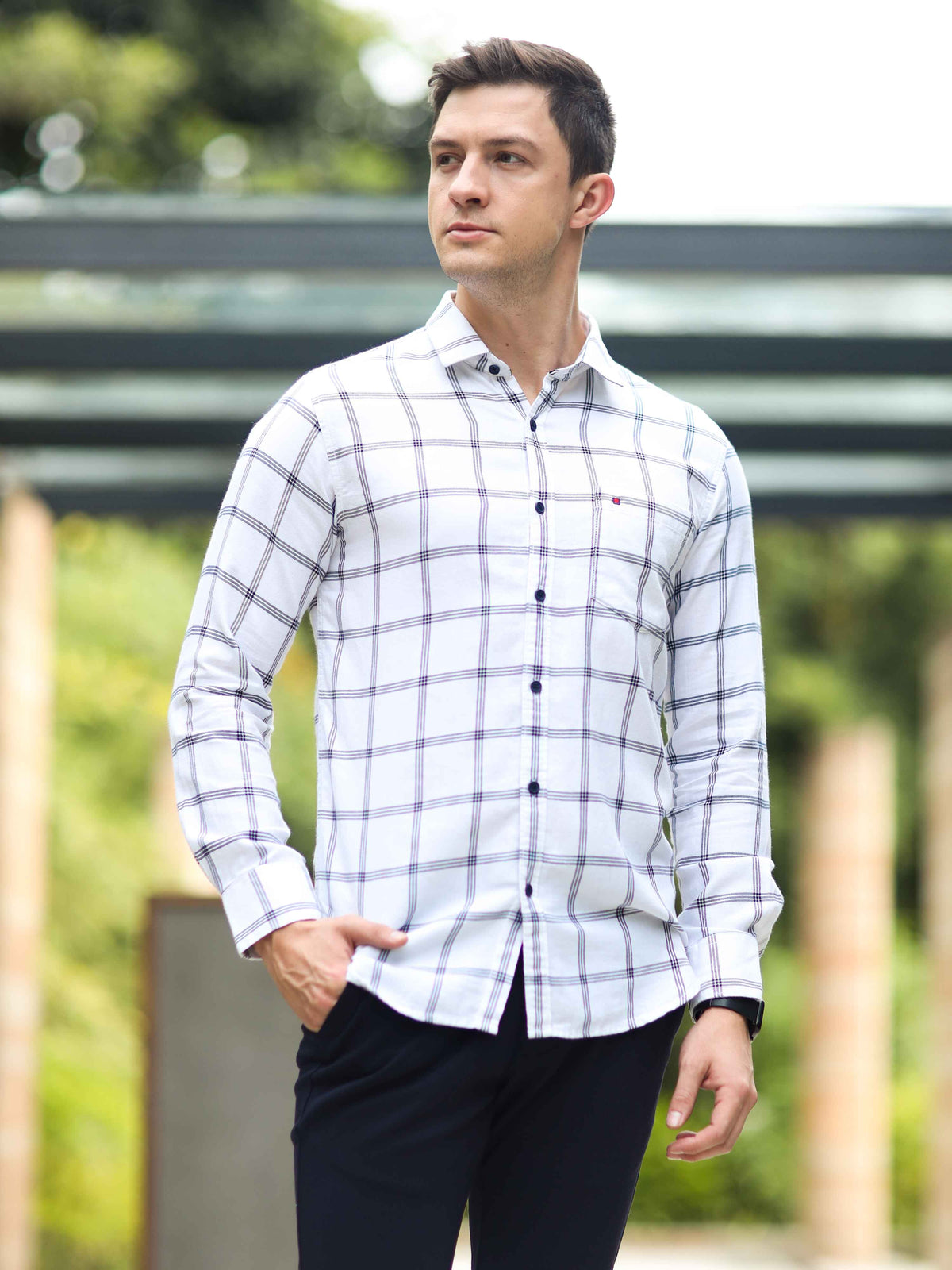 Men's White Slim Fit Checks Full Sleeves Casual Shirts