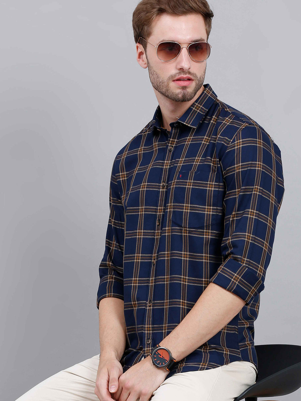 Men's Navy Slim Fit Checks Full Sleeves Casual Shirts