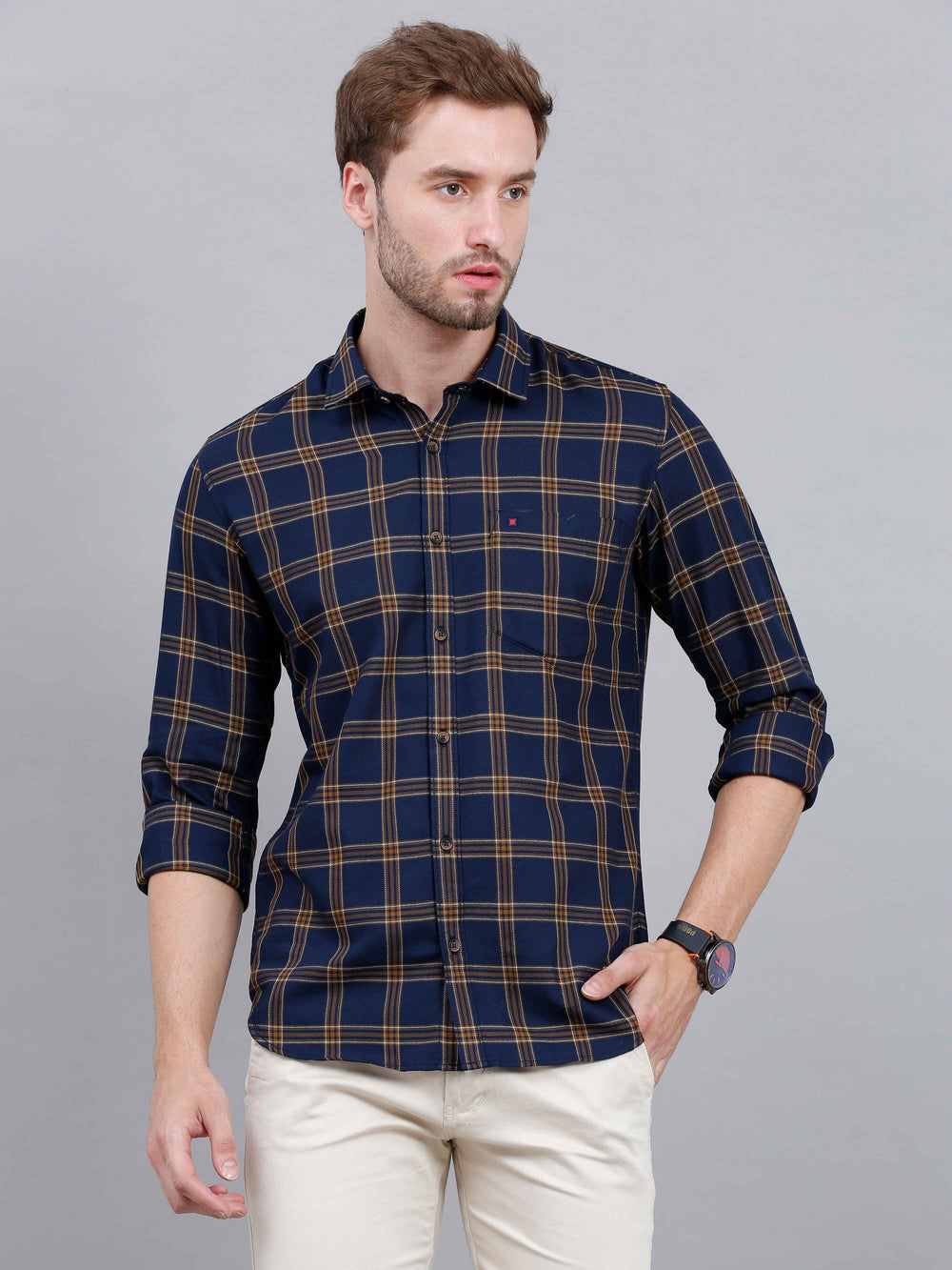 Men's Navy Slim Fit Checks Full Sleeves Casual Shirts