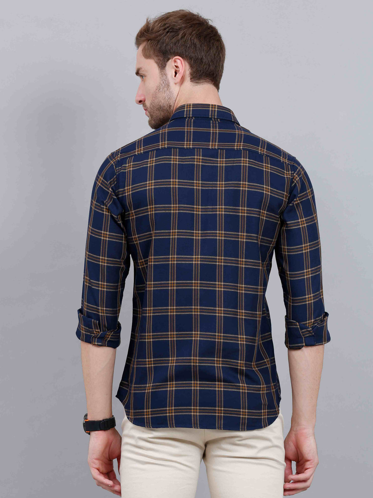 Men's Navy Slim Fit Checks Full Sleeves Casual Shirts