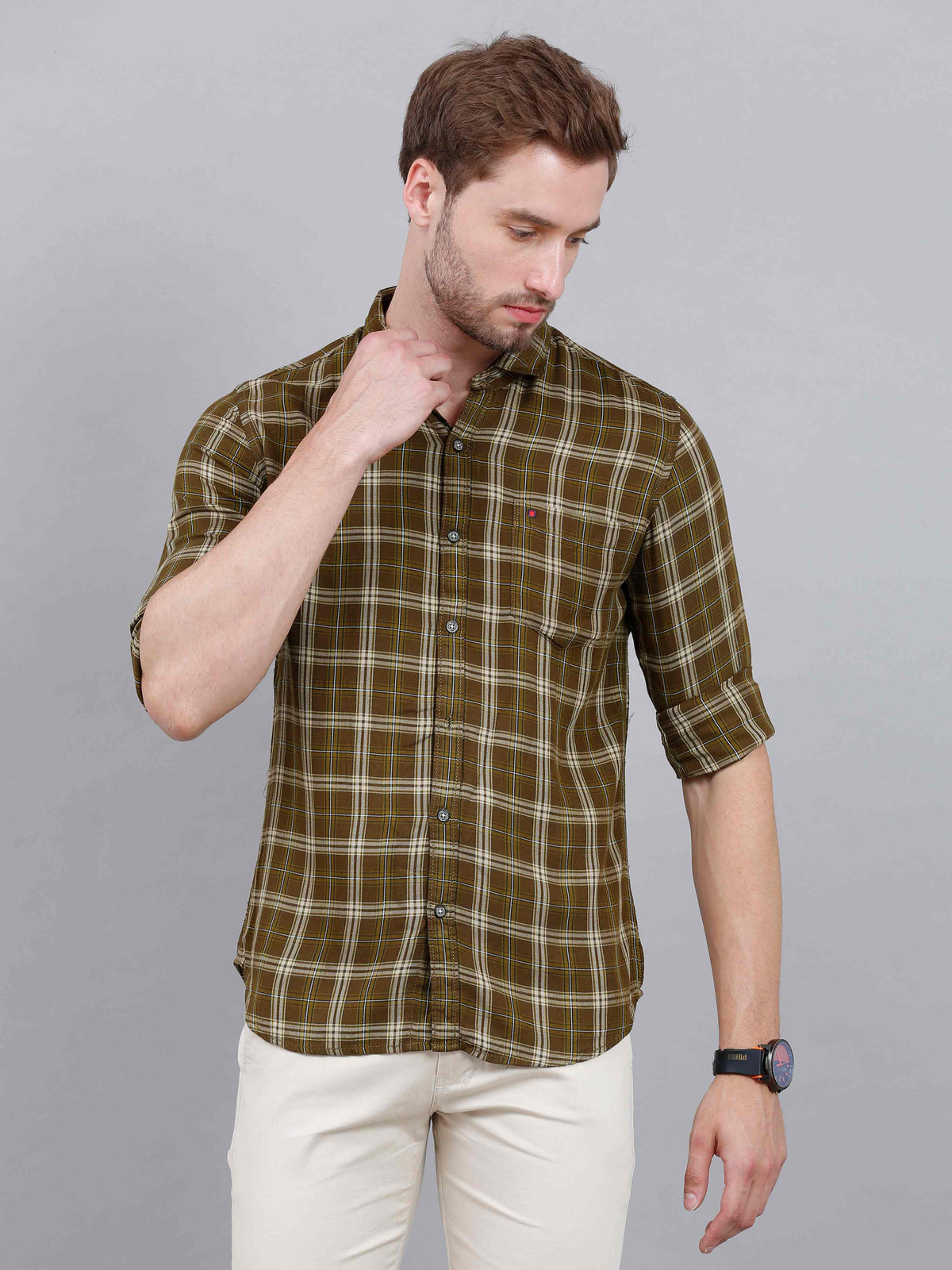Men's Olive Slim Fit Checks Full Sleeves Casual Shirts