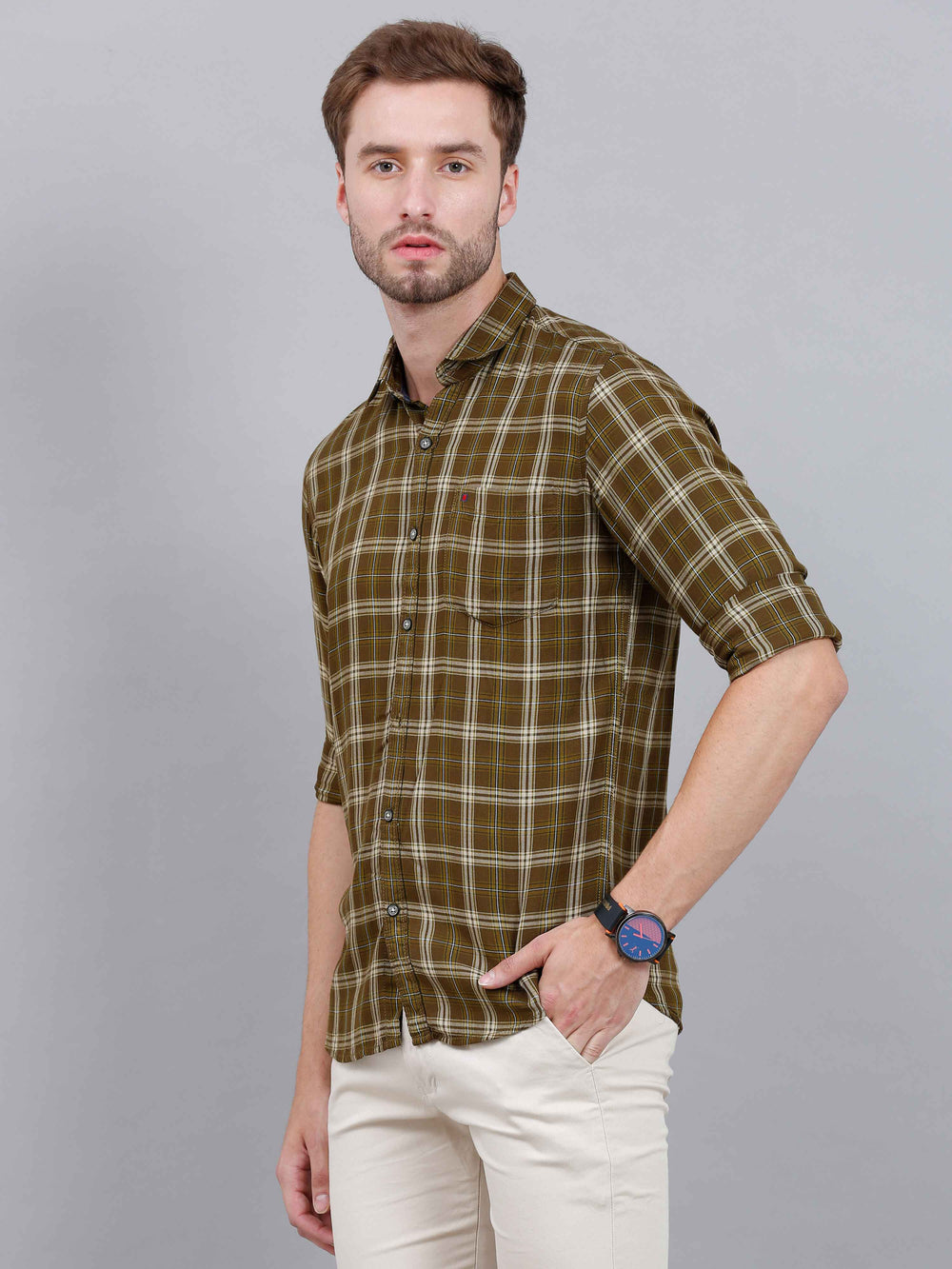 Men's Olive Slim Fit Checks Full Sleeves Casual Shirts