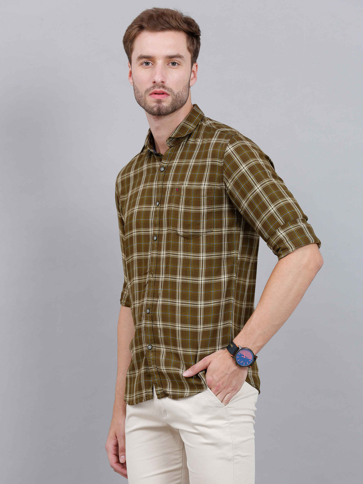 Men's Olive Slim Fit Checks Full Sleeves Casual Shirts