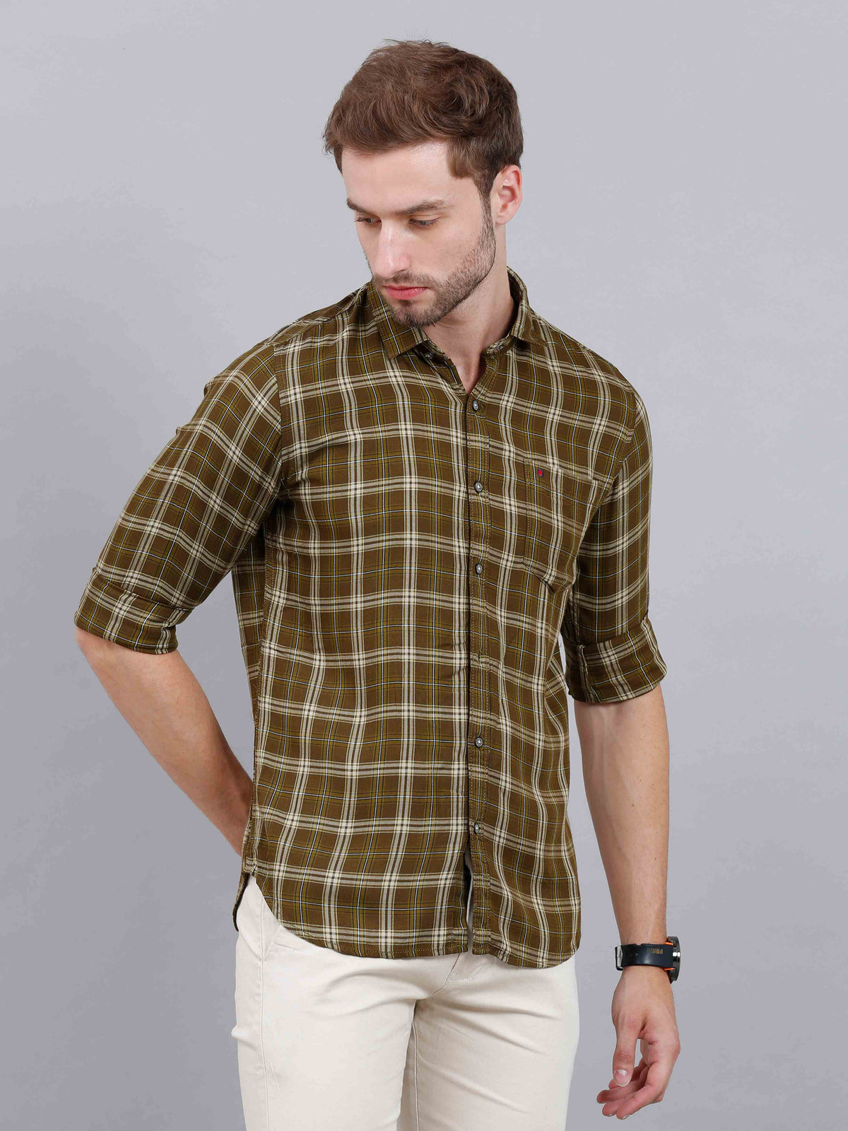 Men's Olive Slim Fit Checks Full Sleeves Casual Shirts
