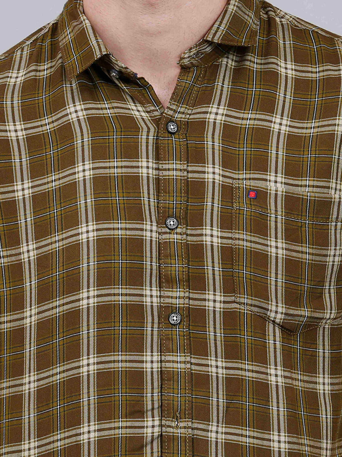 Men's Olive Slim Fit Checks Full Sleeves Casual Shirts