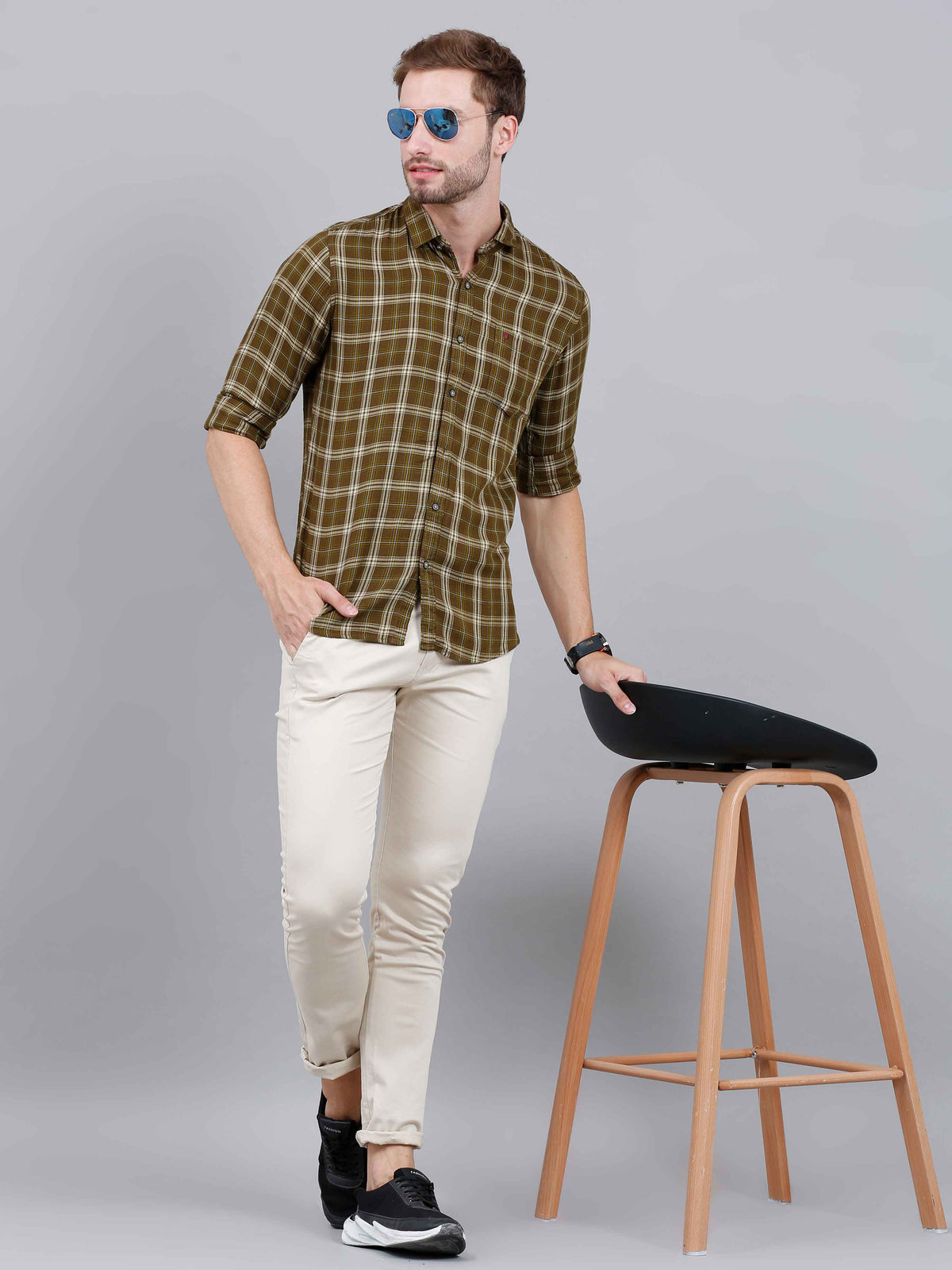 Men's Olive Slim Fit Checks Full Sleeves Casual Shirts