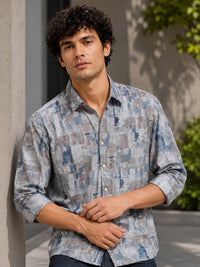 Men Beige Slim Fit Printed Full Sleeve Casual Shirt