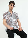Brown Abstract Floral Print Slim Fit Half Sleeve Cuban Collar Shirt