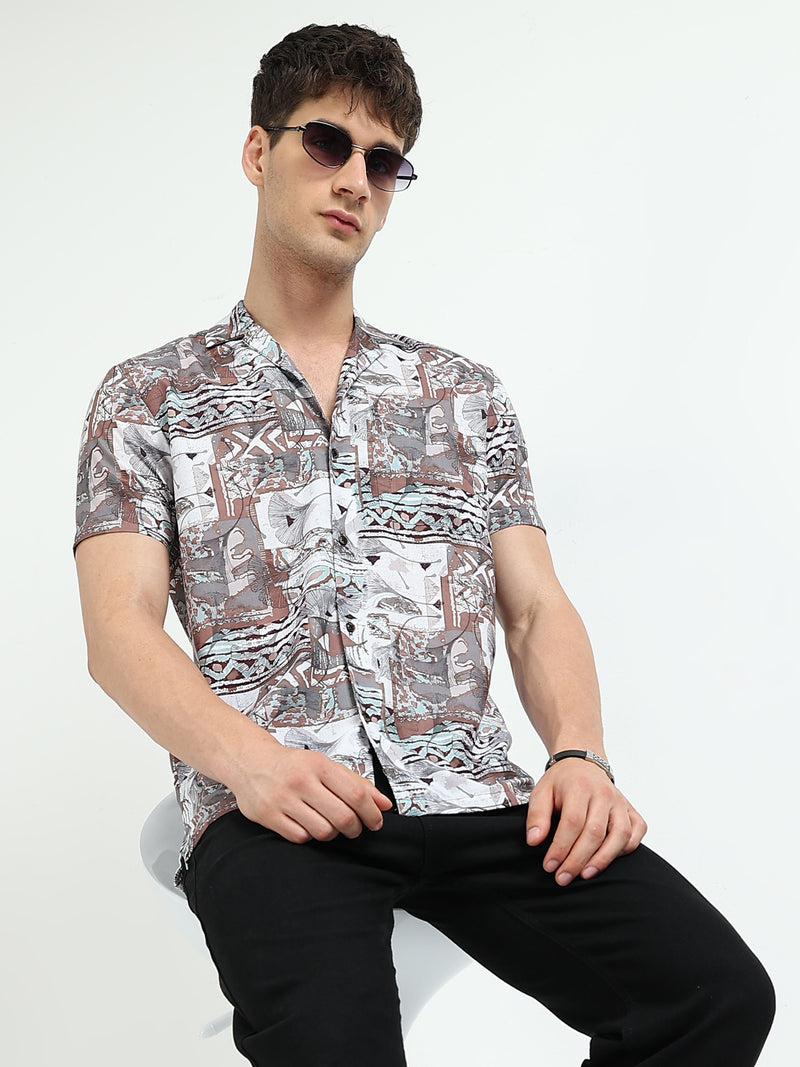 Brown Abstract Floral Print Slim Fit Half Sleeve Cuban Collar Shirt