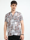 Brown Abstract Floral Print Slim Fit Half Sleeve Cuban Collar Shirt