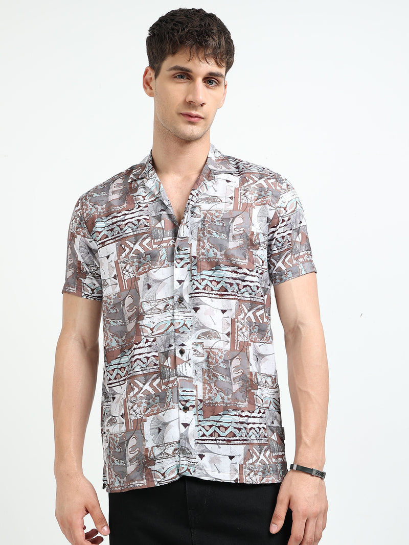Brown Abstract Floral Print Slim Fit Half Sleeve Cuban Collar Shirt