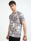 Brown Abstract Floral Print Slim Fit Half Sleeve Cuban Collar Shirt