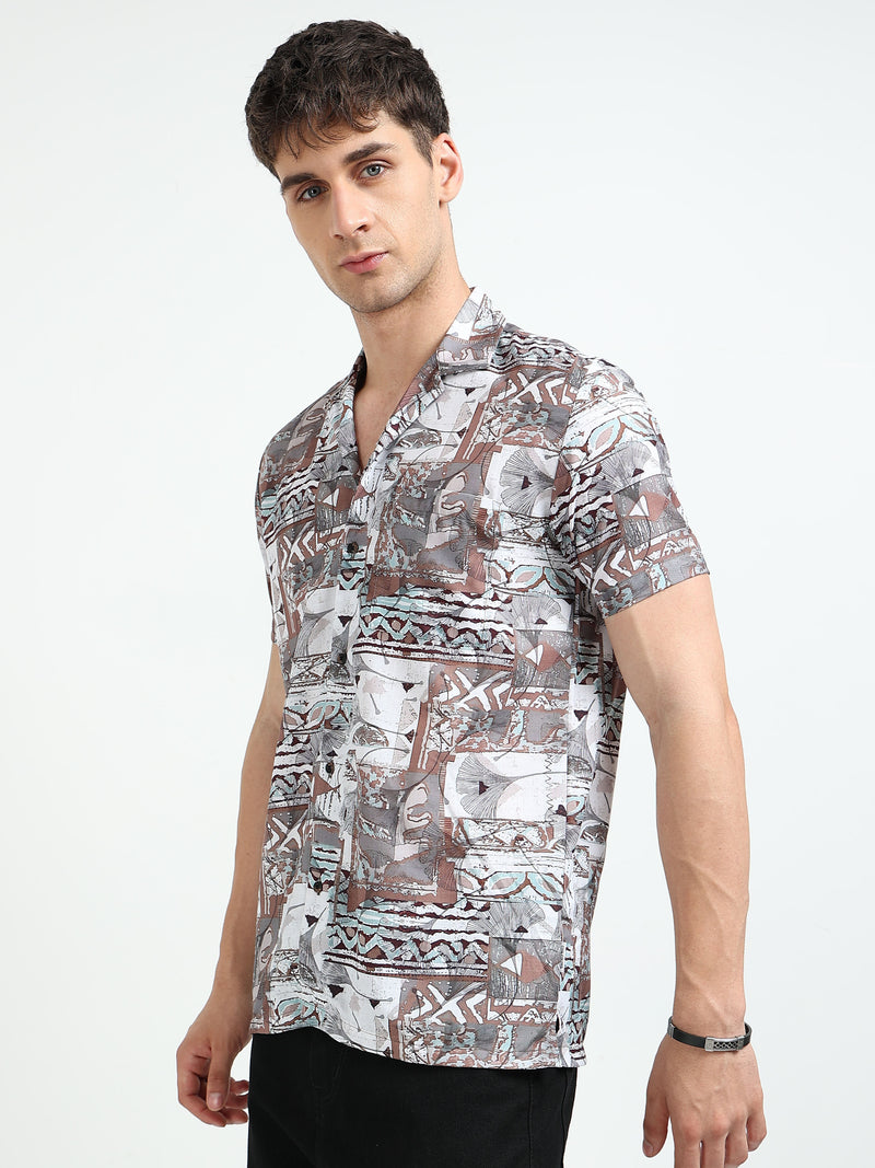 Brown Abstract Floral Print Slim Fit Half Sleeve Cuban Collar Shirt