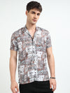 Brown Abstract Floral Print Slim Fit Half Sleeve Cuban Collar Shirt