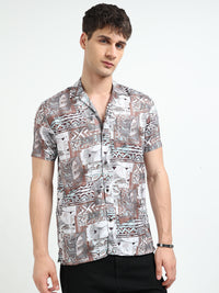 Brown Abstract Floral Print Slim Fit Half Sleeve Cuban Collar Shirt