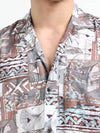 Brown Abstract Floral Print Slim Fit Half Sleeve Cuban Collar Shirt