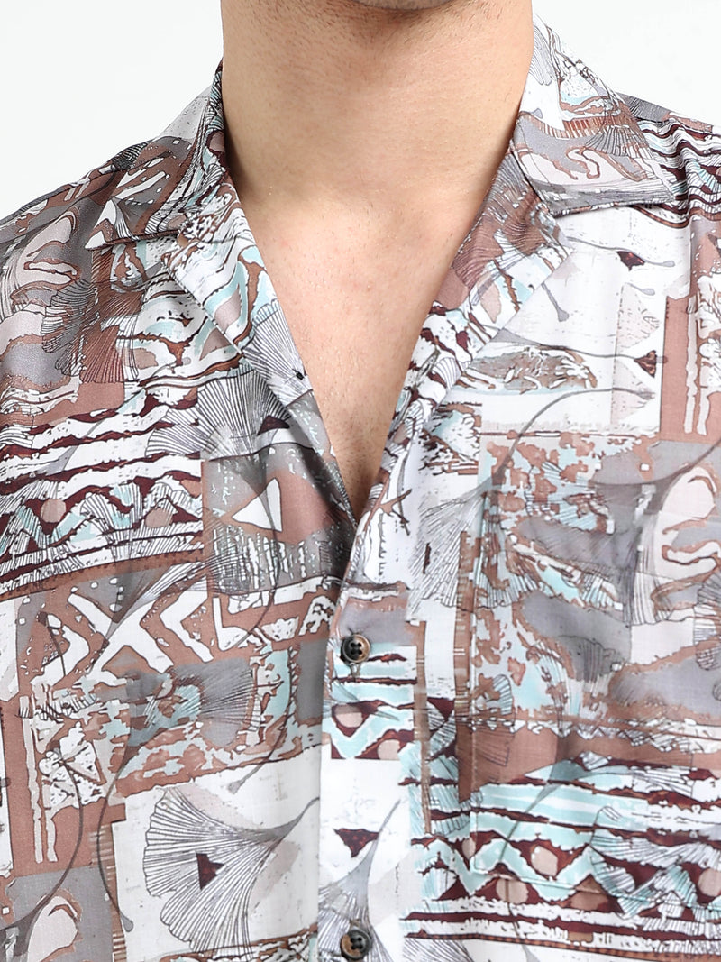 Brown Abstract Floral Print Slim Fit Half Sleeve Cuban Collar Shirt