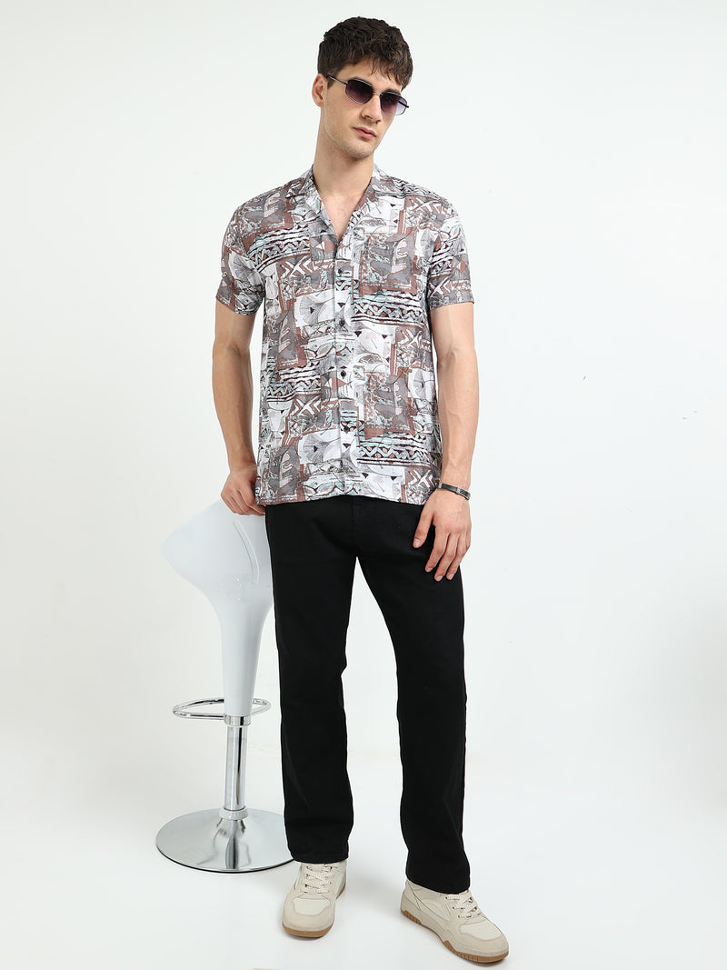 Brown Abstract Floral Print Slim Fit Half Sleeve Cuban Collar Shirt