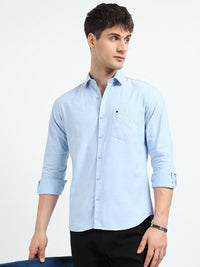 Sky Blue Solid Regular Fit Casual Shirts